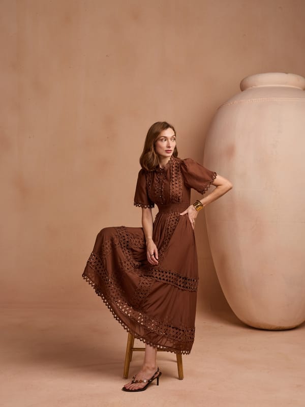 Brown Cutwork Tiered Midi Dress — Style Island