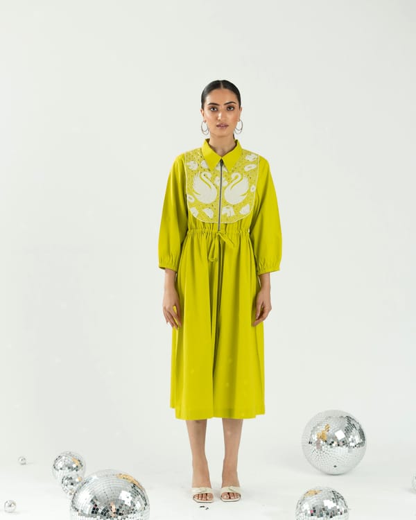 Lime Green Zip-Front Midi Shirt Dress with Embroidered Bib — Ang-sa