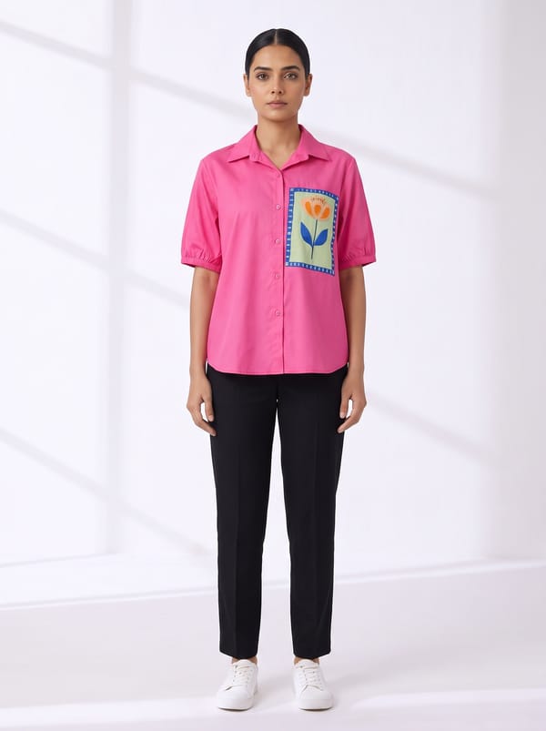 Bold Pink Shirt With Floral Patch — THE LUXURY DRESSING