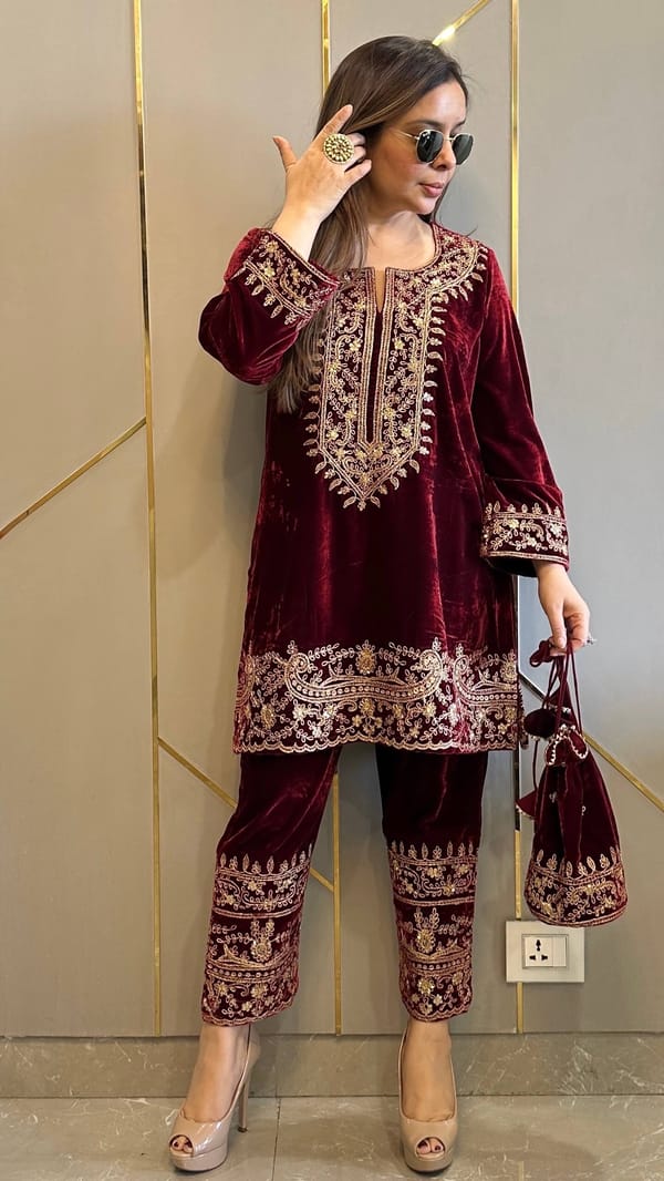 Maroon Velvet Haniya Hand Embroidered Co-ord — Kylee Fashions