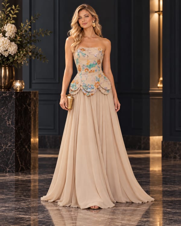 Floral Embroidered Corset Peplum Gown — Miss Gloria