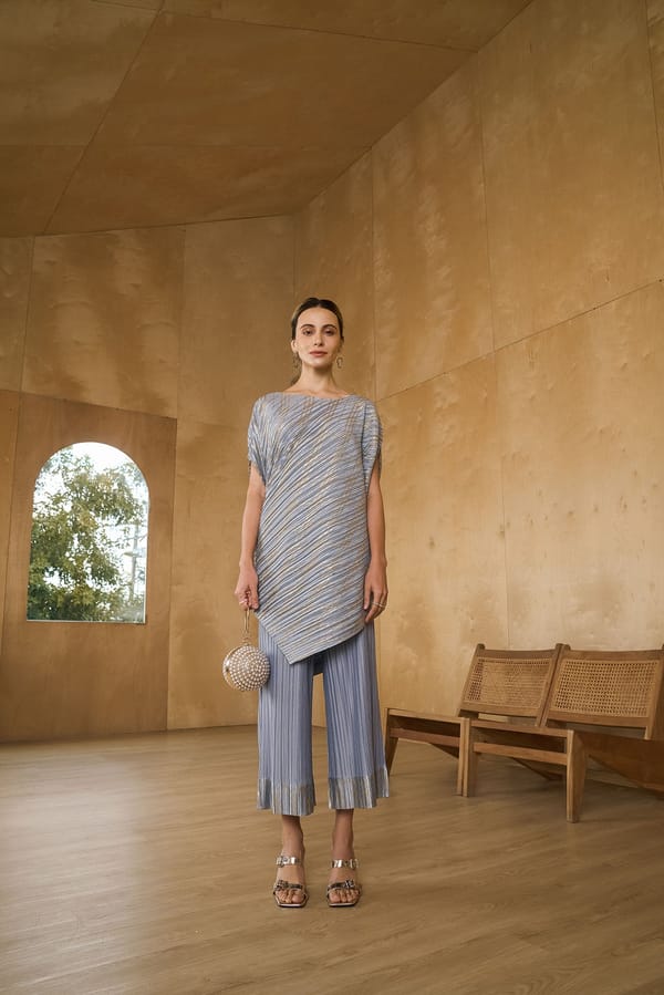 Grey Metallic Pleated Top and Culotte Co-ord Set — Pleats by Aruni