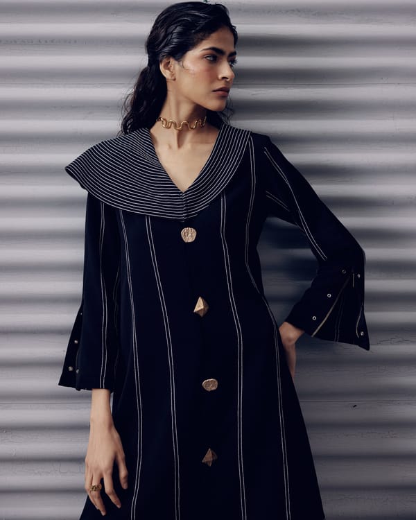 Black Pinstripe Knee-Length Coat Dress with Wide Collar — Veera Wear