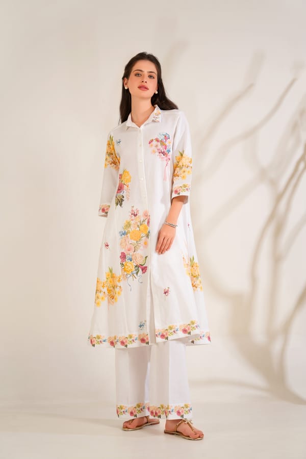 White Floral Cotton Linen A-Line Kurta Set With Trousers — Moh India