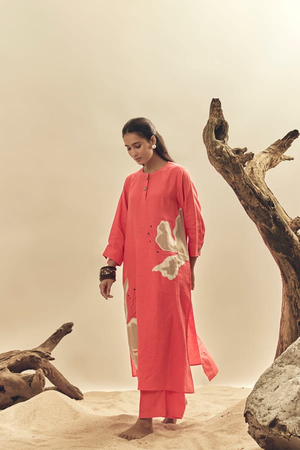 Coral Linen Straight Midi Dress with Abstract Print — Linen Bloom