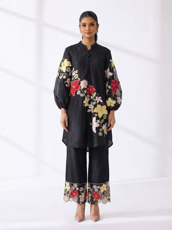 Black Floral Applique Tunic and Pant Co-ord Set — RUCHIKA MALLIKA LABEL