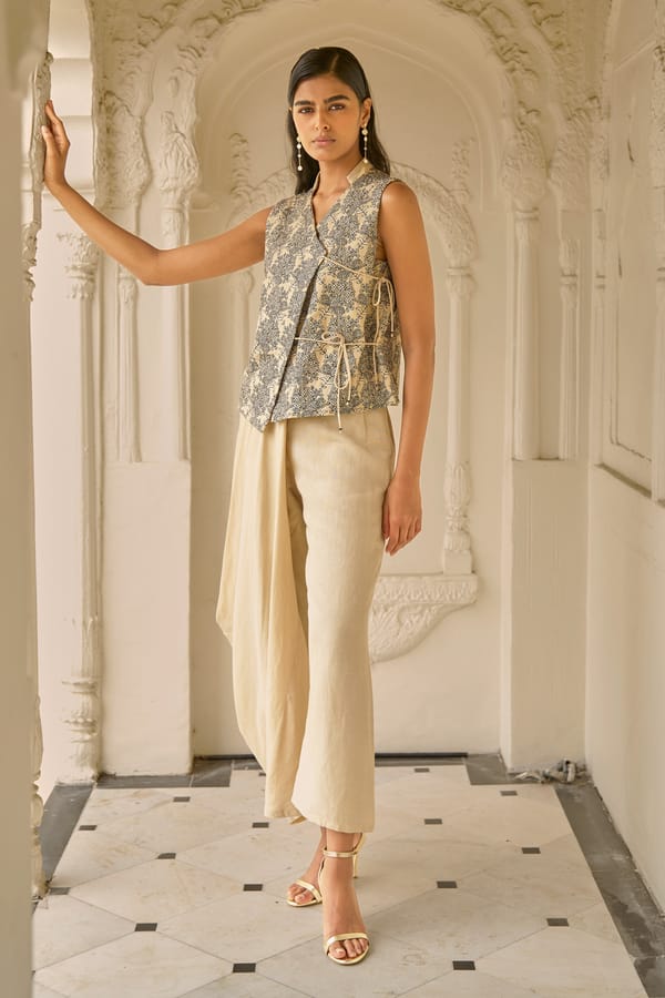 Beige Embroidered Wrap Waistcoat Top with Tie-Ups — Dash and Dot