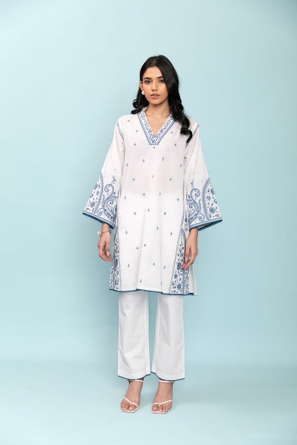 White and Indigo Embroidered Linen Kurta Set with Dupatta — LABEL NAARITI