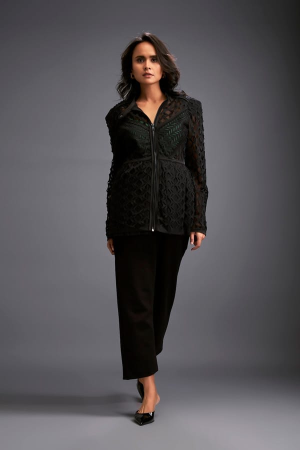 Semi-Sheer Geometric Cutout Jacket With Pants — Deepika Arora