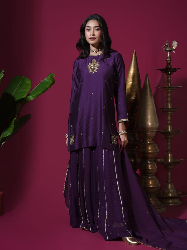 Deep Purple Flower Short Kurta Badla Palazzo Set — KOMAL SHAH