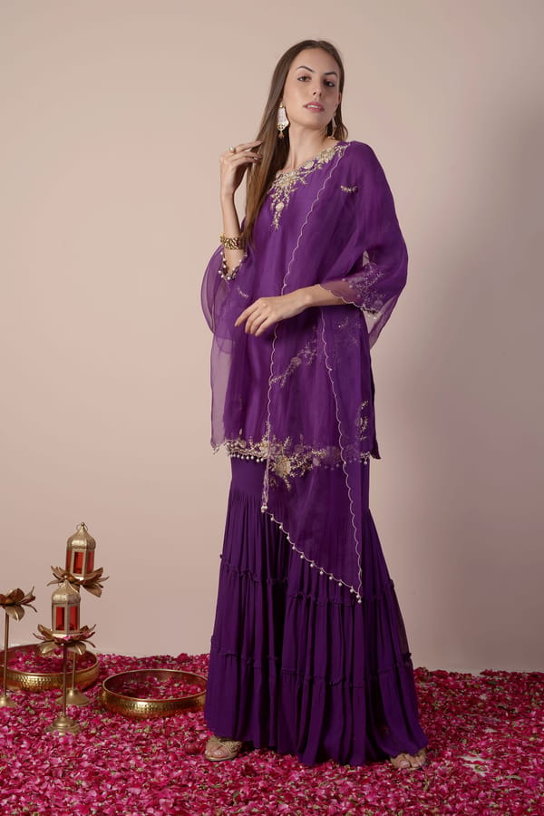 Purple Embroidered Kurta and Gharara Set with Dupatta — SURABHI ARYA