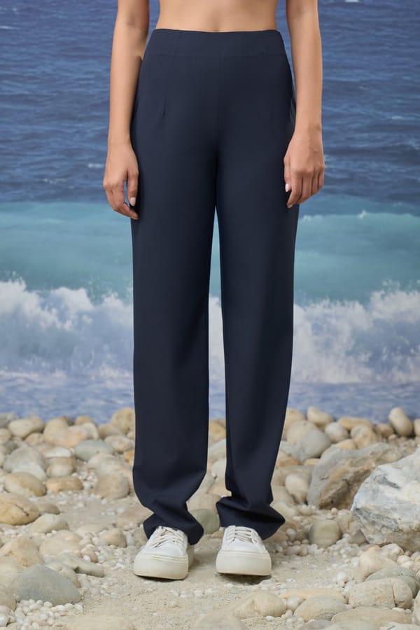 Navy Poly Viscose Straight-Leg Full-Length Trousers — Genes Lecoanet Hemant