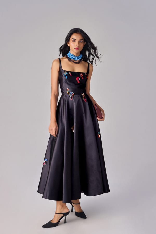 Black Taffeta Square-Neck Mirror Work Midi Dress — Saaksha and Kinni