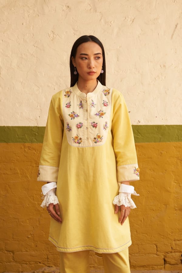 Yellow Embroidered Yoke Kurta Set with Pants — NIRVAIR CLOTHING