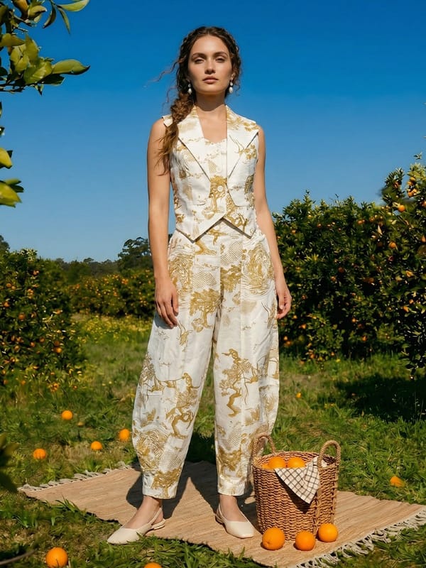 Ivory High-Waist Printed Dhoti-Drape Trousers — HOUSE OF FETT