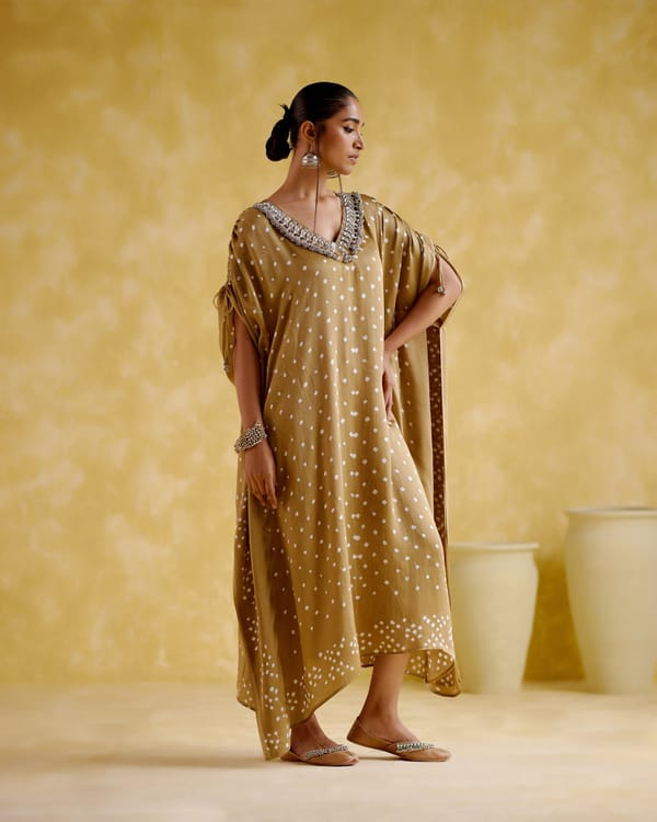 Beige Bandhani Print Kaftan with Embellished V-Neck — 5 Elements