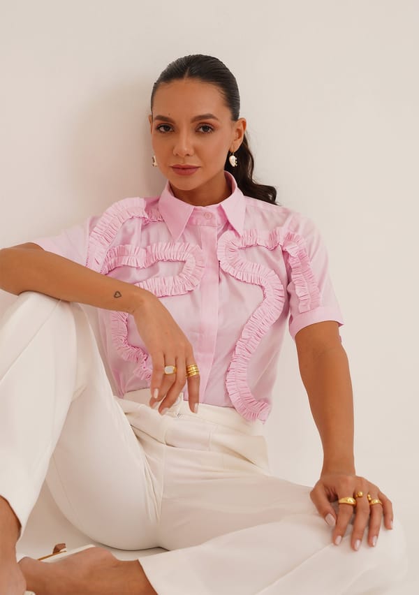 Pink Frill Trim Relaxed Fit Button-Down Shirt — AMOSHI