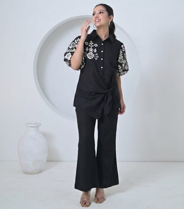 Monochrome Phool-Patti Short Organza Sleeve Side Tie-Up Co-Ord Set — RUCHIKA MALLIKA LABEL