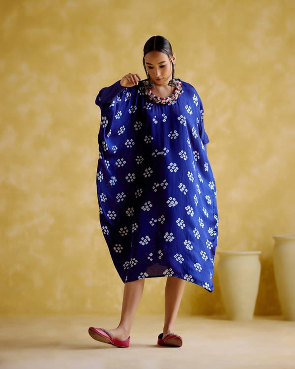 Blue Bandhani Modal Satin Kaftan with Embellished Neckline — 5 Elements