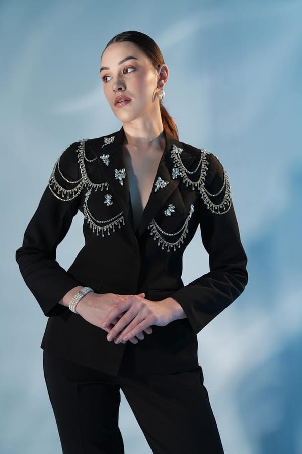 Black Crystal-Embellished Blazer and Trouser Co-ord Set — Label IRIS