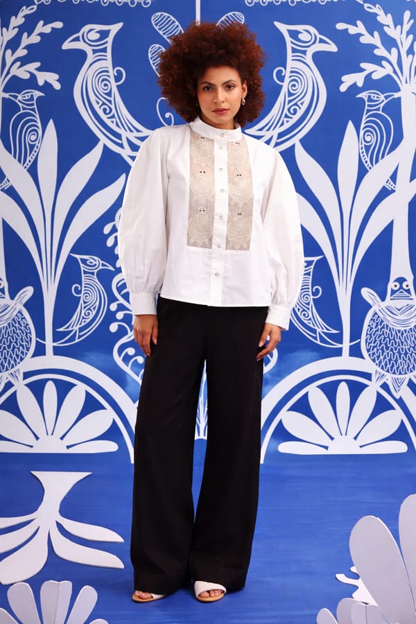 White Mandarin Collar Shirt with Embroidered Front Panels — ANISETTE