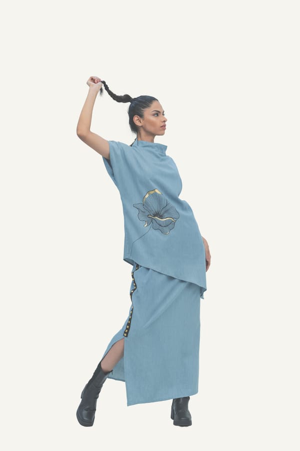 Blue Cotton Denim Top with Skirt Co-ord Set with Print — Richa Goenka
