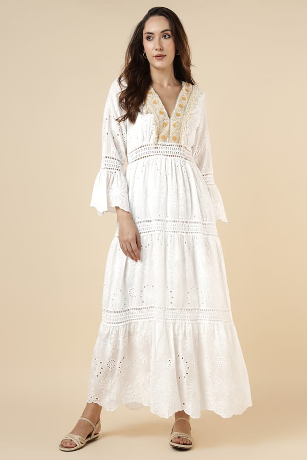 Ekru Tiered Cutwork Maxi Dress with Embellished V-Neck — ROBIN