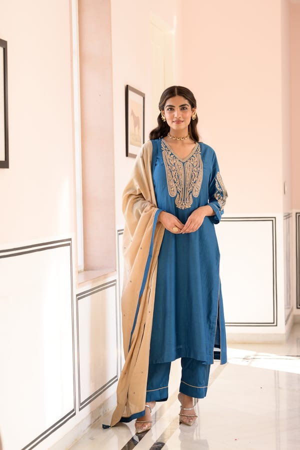 Teal Blue Marodi Work Mul Chanderi Set — MAHEE JAIPUR