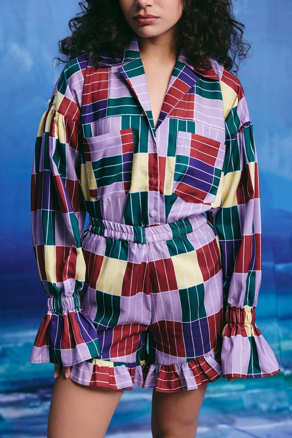 Multicolour Patchwork Linen Shirt with Ruffle Cuffs — Zip by Payal Zinal
