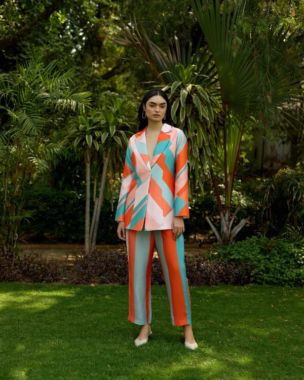 Blue Geometric Stripe Blazer and Pants Co-ord Set — House of Soi