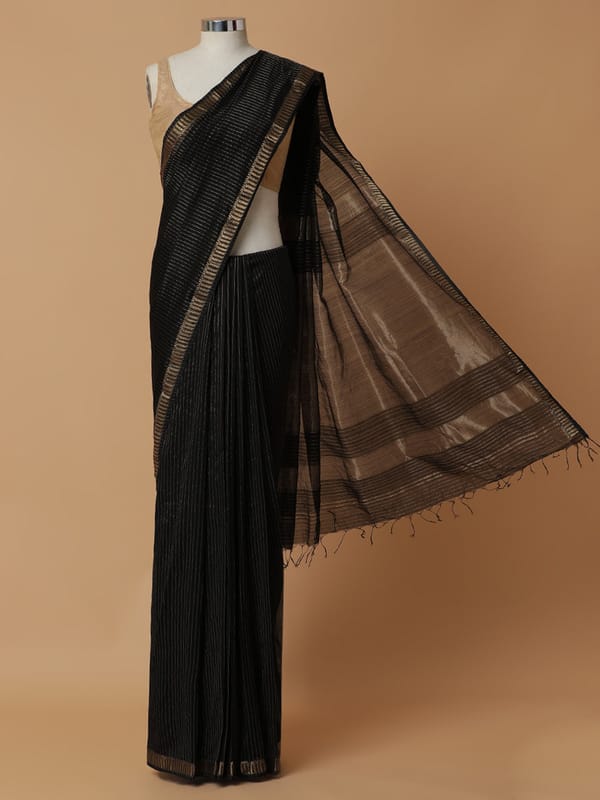 Maheshwari Cotton Silk Black Golden Zari Border — BINKS