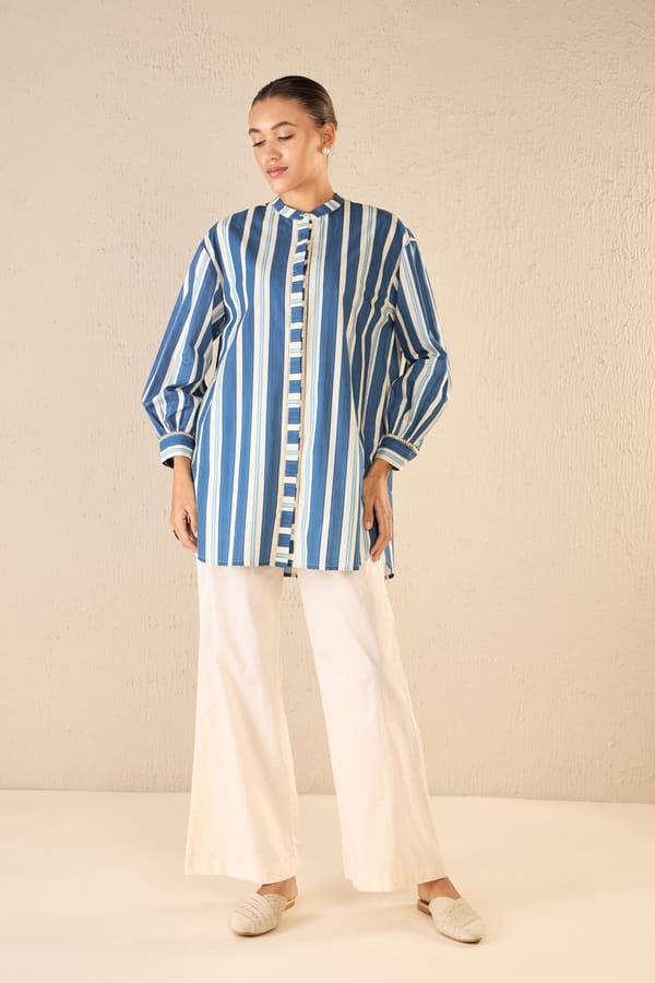 Meadow Stripes: Blue Stripe Long Shirt — SHIVANI BHARGAVA