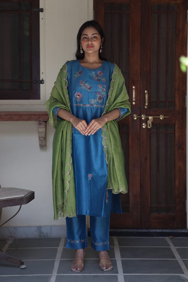 Prussian Blue Chanderi Embroidered Kurta Set with Dupatta — Tatwa Designs