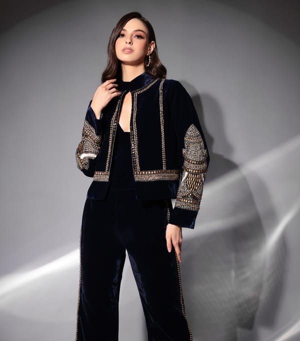 Navy Velvet Embellished Jacket and Pants Co-ord Set — RUCHIKA MALLIKA LABEL