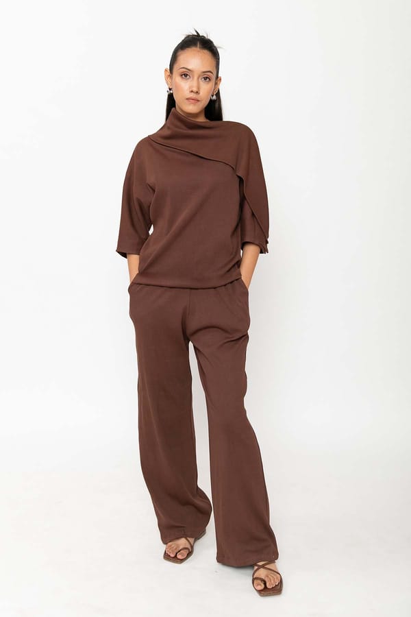 Brown Cotton Rib Co-ord Set with Asymmetric High Neck Top — Contemponari