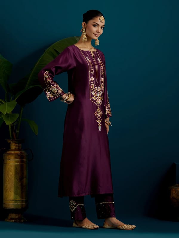 Purple Silk Chanderi Embroidered Kurta Pant Set — Anantaa