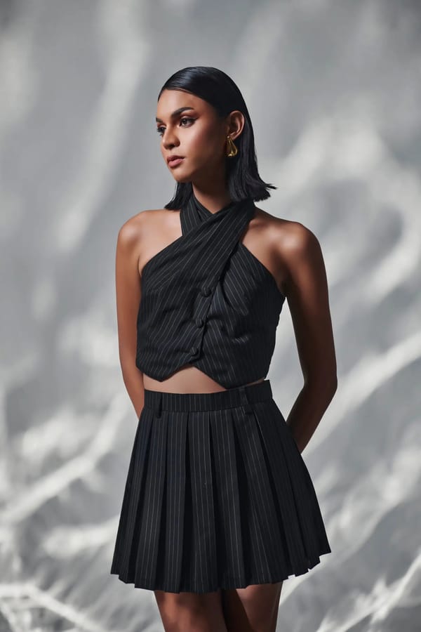 Black Pinstripe Box-Pleat Suiting Mini Skirt — Torqadorn