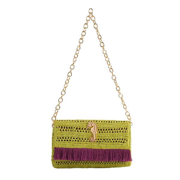 JENA Poppy Green Slim Raffia Clutch with Gold Emblem — Jena Luxury