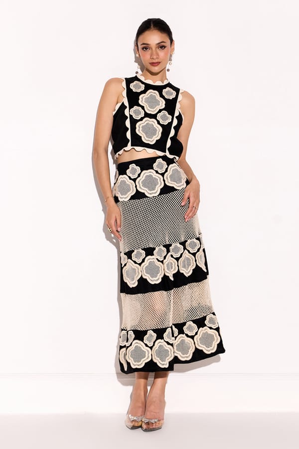 Black Embroidered Crop Top and Midi Skirt Co-ord Set — BOHO-CHIC