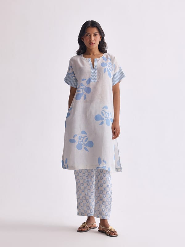 Cyanberry Linen Floral Printed Kurta Set with Pants — YELL