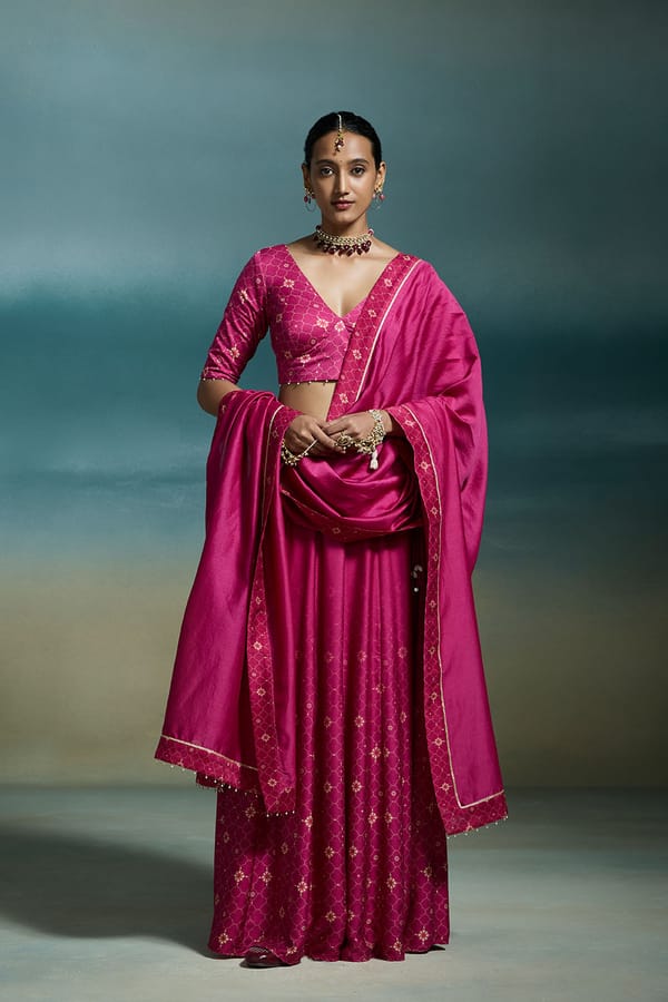 Rani Pink Modal Satin Lehenga Set With Gold Motifs — Dressfolk
