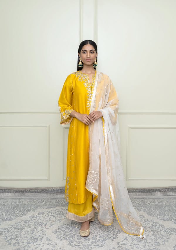 Glaze Mustard Embroidered Choga Kurta Set with Dupatta — Sheetal Batra