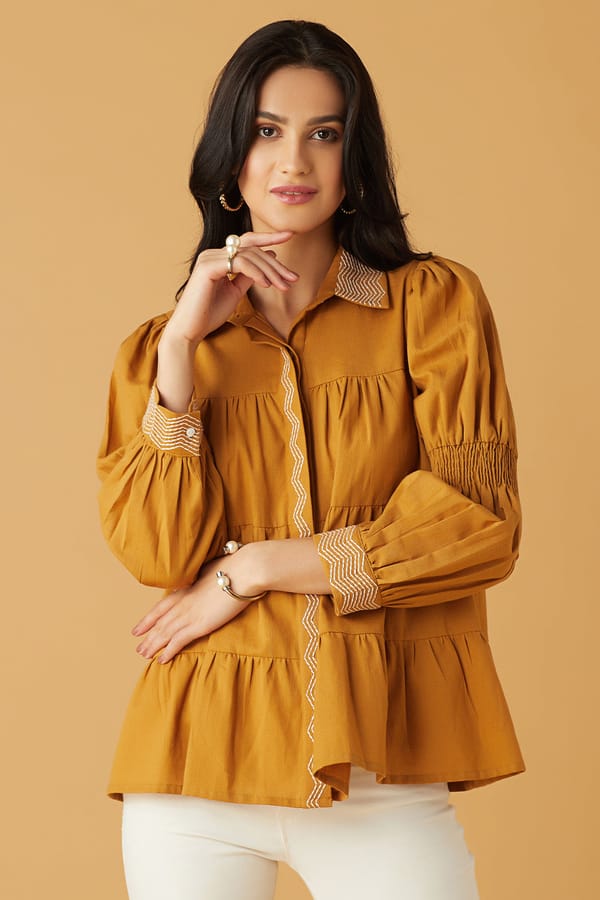 Mustard Embroidered Tiered Button-Down Shirt — BOHO-CHIC