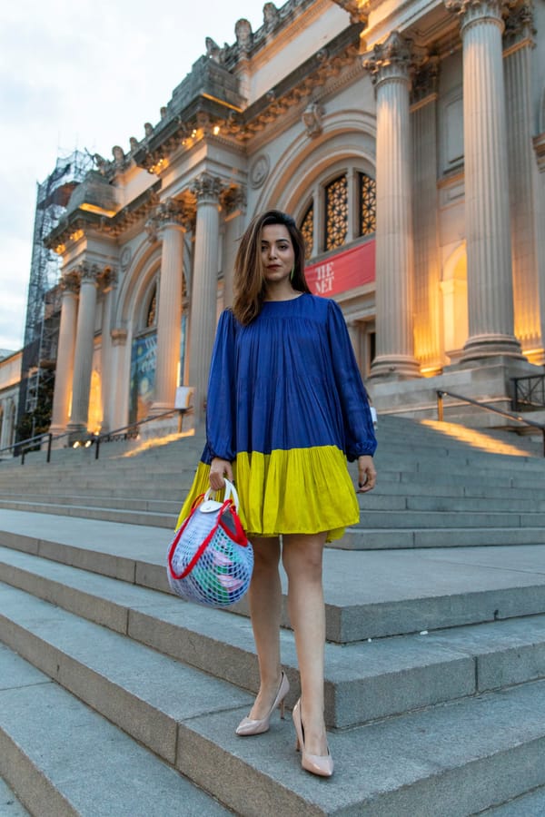 Blue and Neon Yellow Colorblocked Smock Mini Dress — Neora