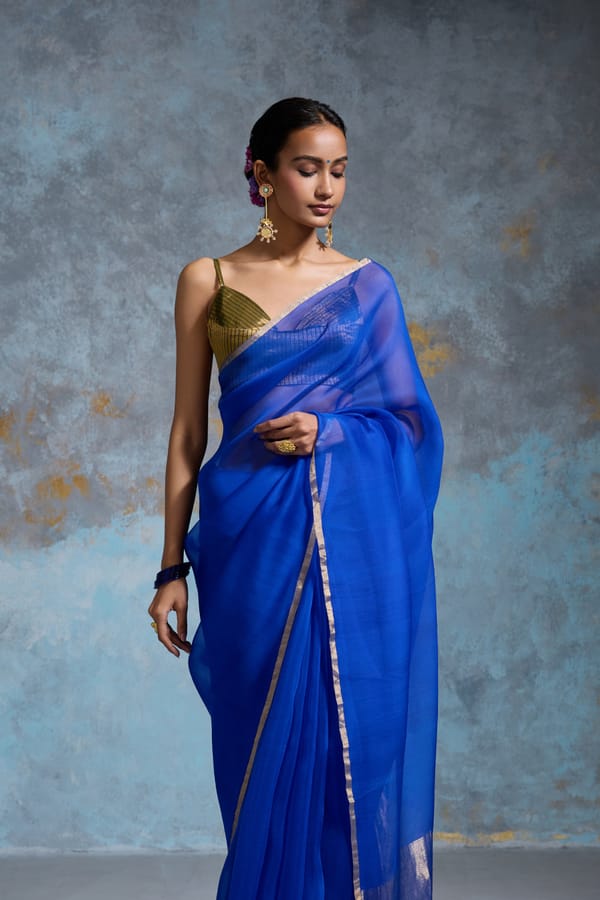 Royal Blue Organza Saree with Gold Zari Border — Dressfolk
