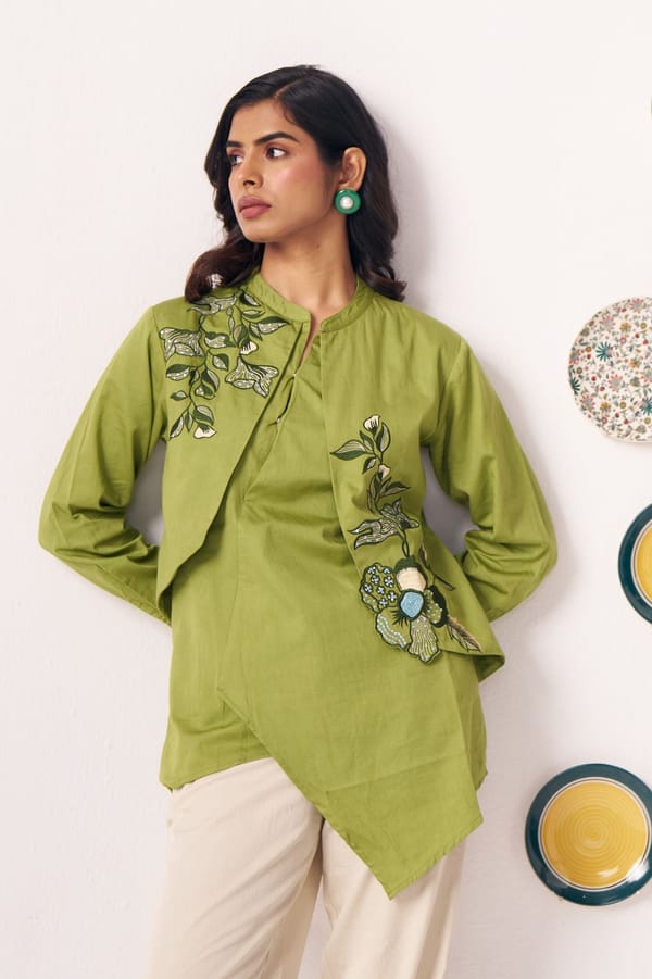 Green Embroidered Asymmetric Overlap Tunic — Western Era