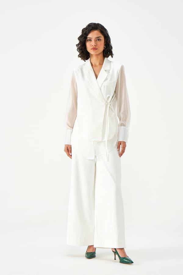 Ivory Longline Pant Suit Set with Sheer Sleeves — NOTEBOOK