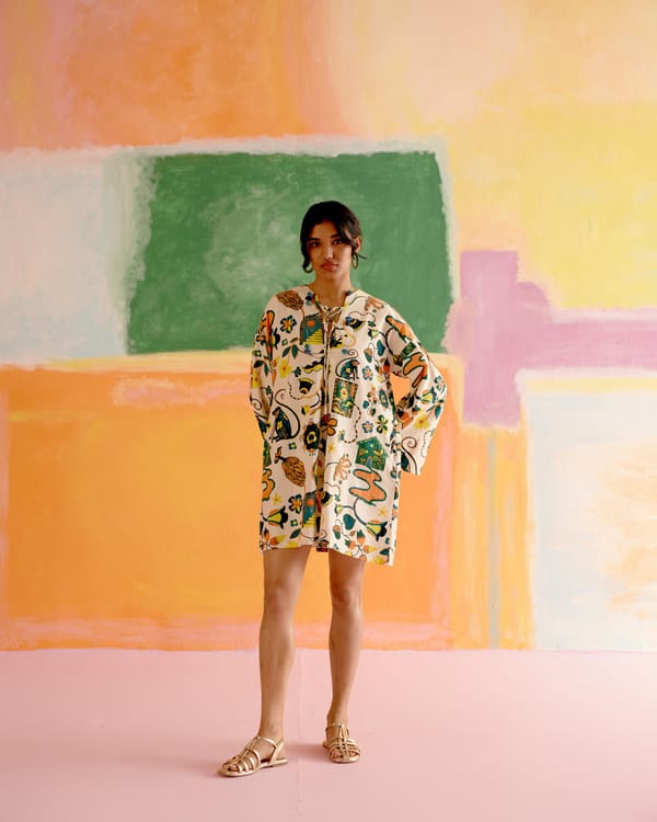 White Printed Poplin Mini Shift Dress with Tie-Up Neck — HAPPI SPACE