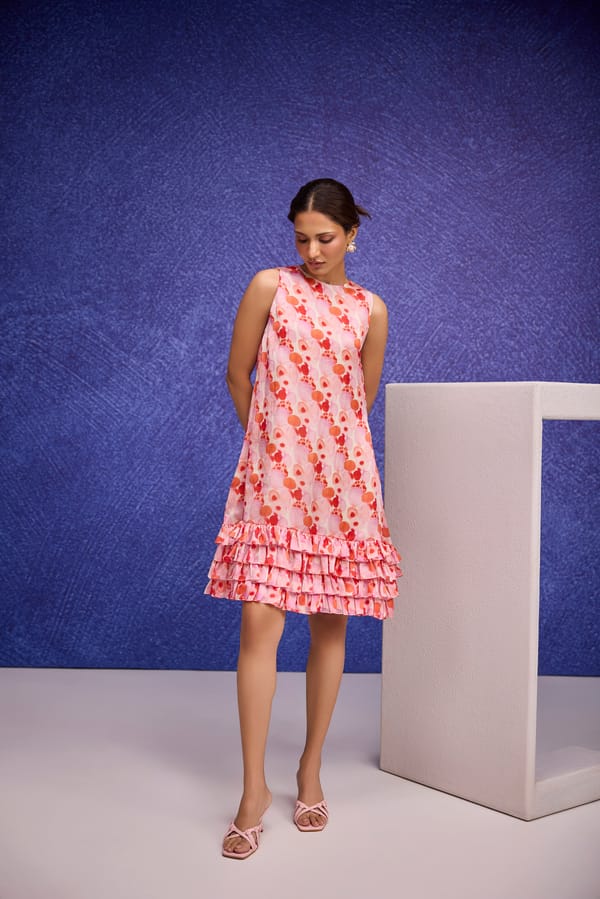 Red Printed Silk Organza Trapeze Dress with Ruffle Hem — Tara & I