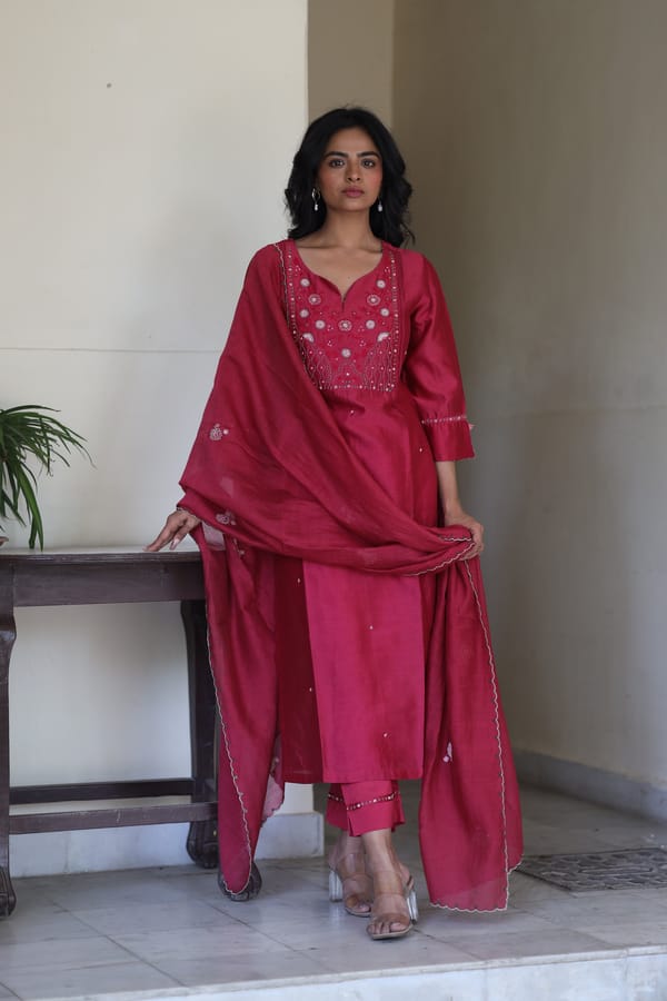 Magenta Pink Embroidered Yoke Chanderi Kurta Set — Tatwa Designs